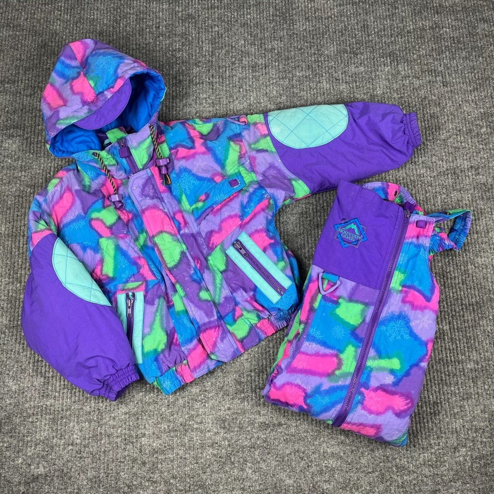 Vtg 90s Mountain Goat Snowsuit SET Kids L/6-6X Colorblock Ski Jacket & Bib Pants